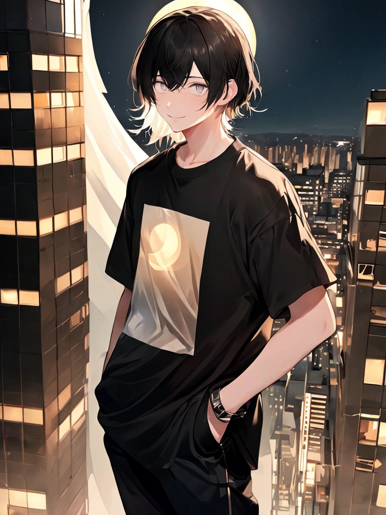 ((highest quallity, work of art, 4K, finely detailled, detailedeyes, face detailed, gelbooru, pixiv)), warm lighting, ((standing alone)), 1 men, bonitas, masculine, adult man, broadshouldered, close do rosto, ((black hair with white streak in the bangs), portraite, seducing smile. looking ahead at viewer, ((lazy eyes, half covered, white eyes with white pupils)), wearing modern clothes, a black t-shirt with a moon design, black zaquets, standing, hands in pockets, ((black hair with white streak in the bangs, shorth hair, shaggy hairstyle, Messy hair)), city background