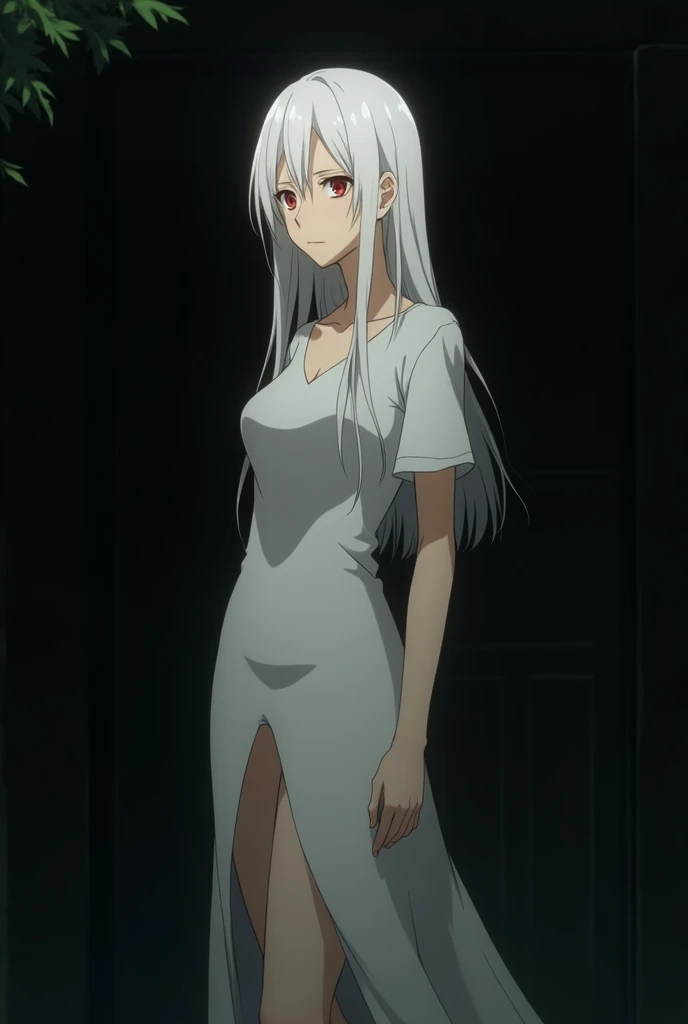 The image is in the style of a Ghibli studio anime., although somewhat gloomy and adult, It features a 20-year-old albino adult woman.. She is standing in front of a black wall, She has long hair and red eyes. She has a white dress that reaches her knees.. strong thighs.