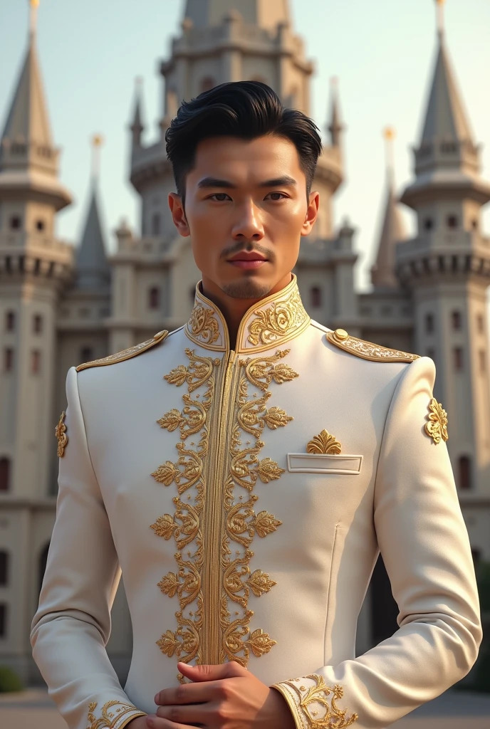 A handsome and cool white man wearing a white and light pink prince's suit,mahkota emas, castle background, facing the camera
