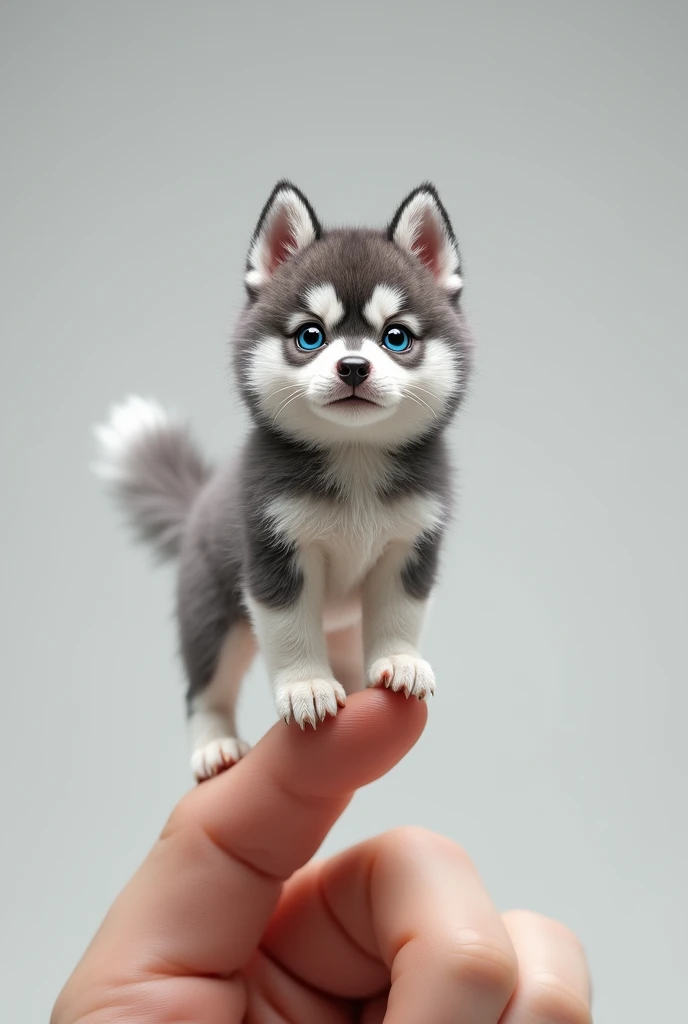 Photorealistic, 34k, A micro young husky dog standing over a human finger