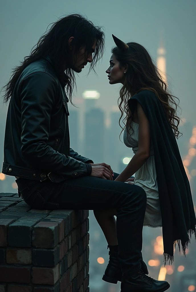 Man with long black messy hair down to the shoulder , black rock pants and a leather jacket. 
WOMAN wolf with long brown unruly hair and a simple knee-length dress,  and black cape, she with yellow eyes , she shows her claws to him They are sitting on the edge of a building talking,  looking at the night city 