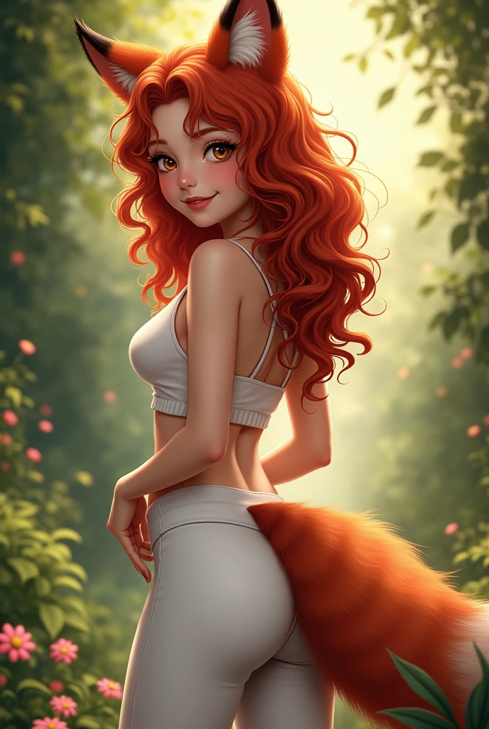 (masterpiece), best quality, expressive eyes, perfect face,Redhead girl, curly hair, extra large hair, foxy ears, foxy tail, white yoga pants tight, looking back, inocente smile, A hand on the butt, without shirt, Garden, sun