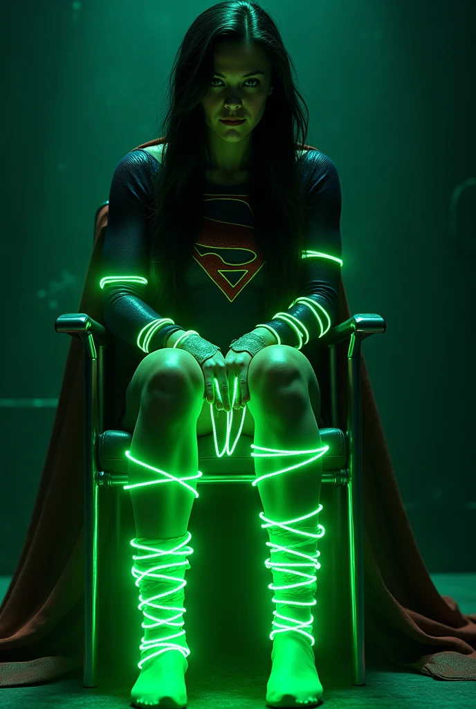 A SCENE WHERE A HOT SUPERGIRL WITH LONG BLACK HAIR WEARING HER ICONIC SUPERGIRL OUTFIT AND CAPE, HER HANDS, FEET AND WASTE TIED UPLOWING GREEN KRYPTONITE ROPE WHILE SITTING IN A METAL CHAIR, COMPLETELY HELPLESS IN A PITCH BLACK ROOM. INCREDIBLE DETAILS, HYPER DETAILED IN 8K RESOLUTION