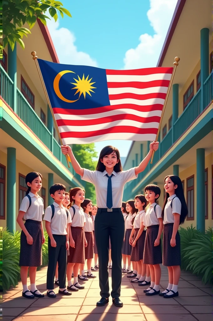 3. **A school scene where a teacher and students are gathered, holding the Malaysian flag, celebrating National Day.**