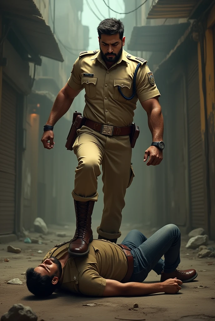 Muscular indian officer stomping his criminal on chest with brown police boots in victory pose