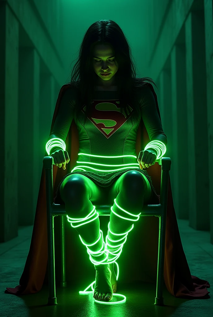 A BONDAGE SCENE WHERE A HOT SUPERGIRL WITH LONG BLACK HAIR WEARING HER ICONIC SUPERGIRL OUTFIT AND CAPE, HER HANDS, FEET AND WASTE TIED UP WITH GLOWING GREEN KRYPTONITE ROPE WHILE SITTING IN A METAL CHAIR, COMPLETELY HELPLESS IN A PITCH BLACK ROOM. INCREDIBLE DETAILS, HYPER DETAILED IN 8K RESOLUTION
