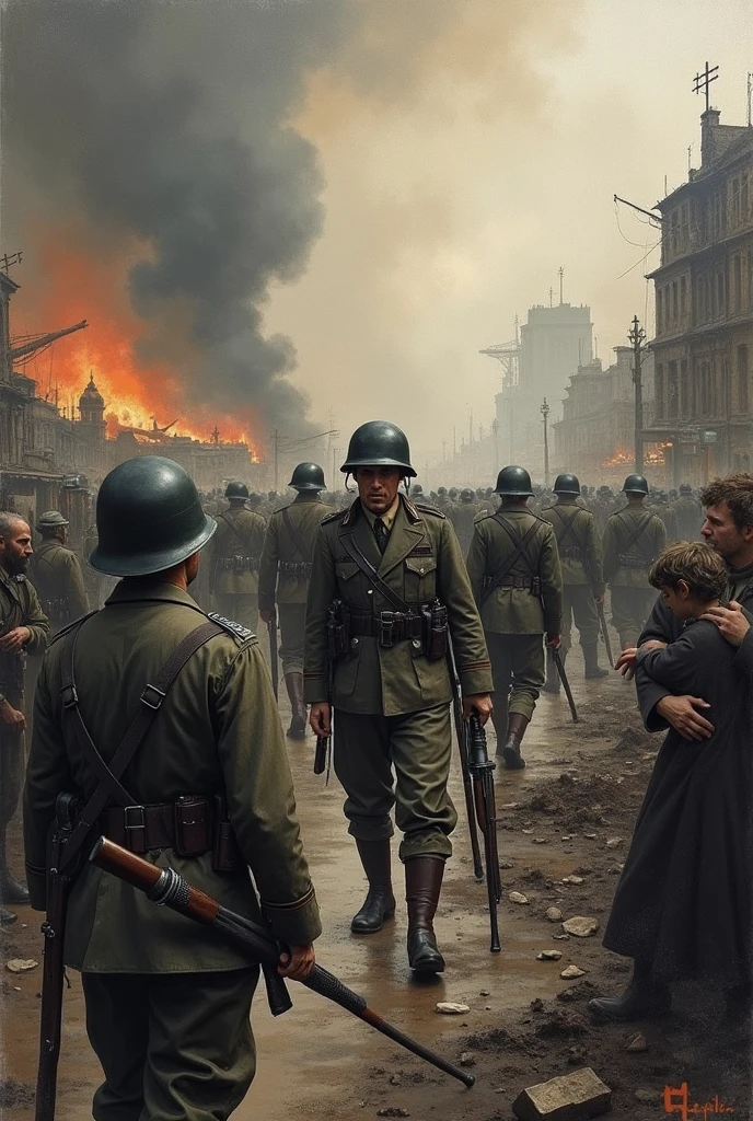 Hitler "German General of the First World War" levanta-se dos mortos, Bombas dropped from planes destroy the streets of Gotham, The streets are littered with blood and human dead in pieces on the floor and in the windows, BATMAN rushes to help the survivors before Hitler stops him again