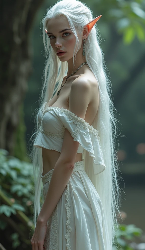 elf woman, white hair, slim waist, very detailed full body, very realistic. Hot.