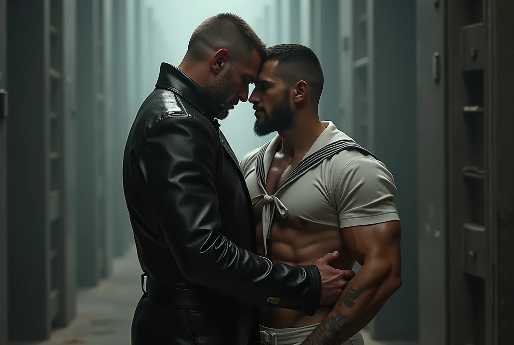 Two men! A mature man in leather and a naval soldier. Wearing a white sailor suit!,, gay art, Finnish style Tom, Finnish Tom, bearded sexy sailor suit triangle thongs, more details, background scattering 1.8 HD 8k real photos! Sex. Chest muscles! Chest hair! ((Monochrome)), ((grayscale)),tattoo. white hair Smoke, movie feeling! Movie lights! Award-winning poster