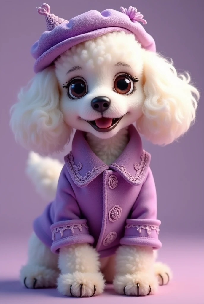 A cute elderly poodle in a purple outfit