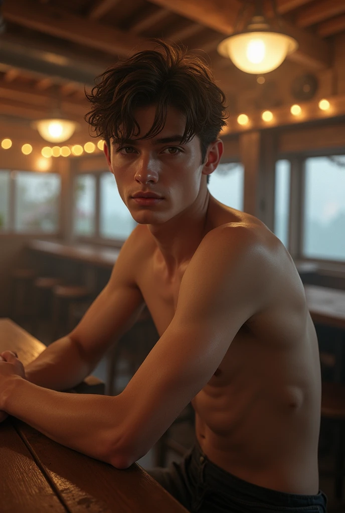 Young handsome cute white white skin soft skinny beautiful en un bar de cowboy