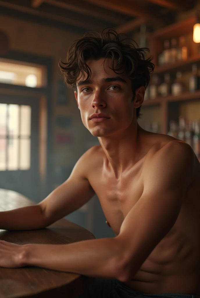 Young handsome cute white white skin soft skinny beautiful en un bar de cowboy
