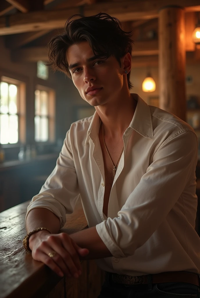 Young handsome cute white white skin soft skinny beautiful en un bar de cowboy