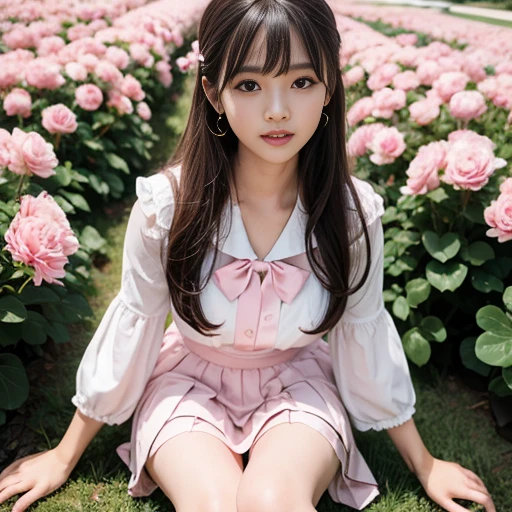 Pink short pleated skirt, in the flower field,Wearing a white sailor suit,white shirt,(knee shot) ,pink bow tie,Pink navy collar,1 female, On the face, laughing out loud, light brown hair, blunt bangs, hair behind ears, Shoulder-length hair, long hair, Slender body type, 超face slimming型, face slimming, delicate lips, beautiful eyes, Thin blush, Eyes are light brown,View here, (actual:1.3), One person's perspective, 8k, Super detailed, high quality, best quality, High resolution, ,Large Breasts,wear a H cup, 3,above knee shot