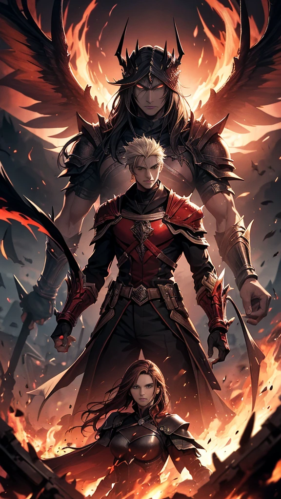 a man with nightmare flames of terror and in a battle with the female hero and her party the pure heared warriors