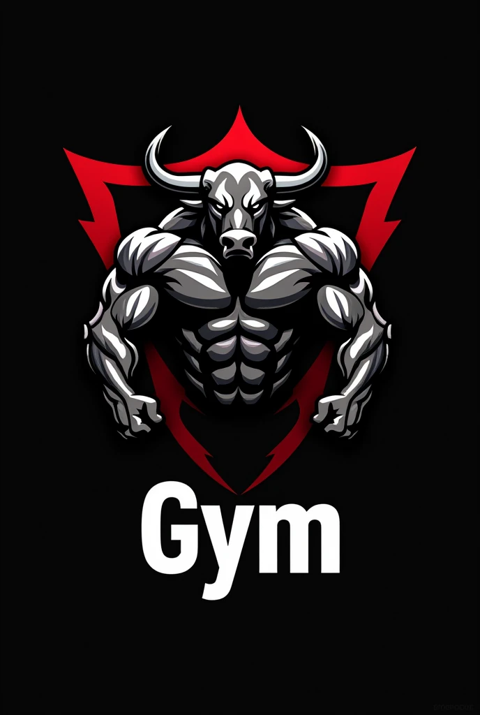 Design a powerful and dynamic logo for a gym brand featuring a strong, muscular bull as the central figure, symbolizing strength, power, and determination. The bull should have well-defined muscles, with a stance that conveys energy and dominance, embodying the essence of fitness and strength training. Use sharp, angular lines to emphasize the bull's muscular build and add a sense of intensity. Incorporate bold, dark tones like black, deep red, or metallic gray to create a fierce and commanding presence. The logo should include the word 'GYM' in a bold, modern font that complements the aggressive and energetic vibe of the design
