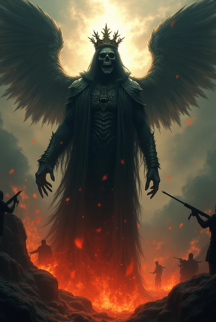 CREEPER818 with a crown on it and hell burning under it with devil and heaven above it with angels holding guns