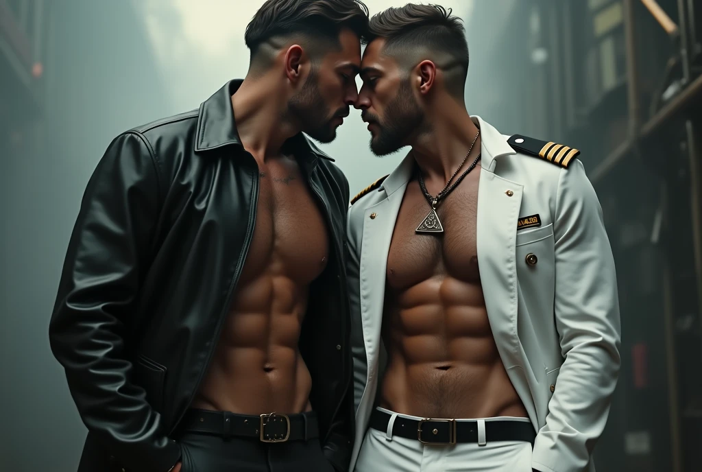 Two men! A mature man in leather and a naval soldier. Wearing a white sailor suit!,, gay art, Finnish style Tom, Finnish Tom, bearded sexy sailor suit triangle thongs, more details, background scattering 1.8 HD 8k real photos! Sex. Chest muscles! Chest hair! ((Monochrome)), ((grayscale)),tattoo. white hair Smoke, movie feeling! Movie lights! Award-winning poster