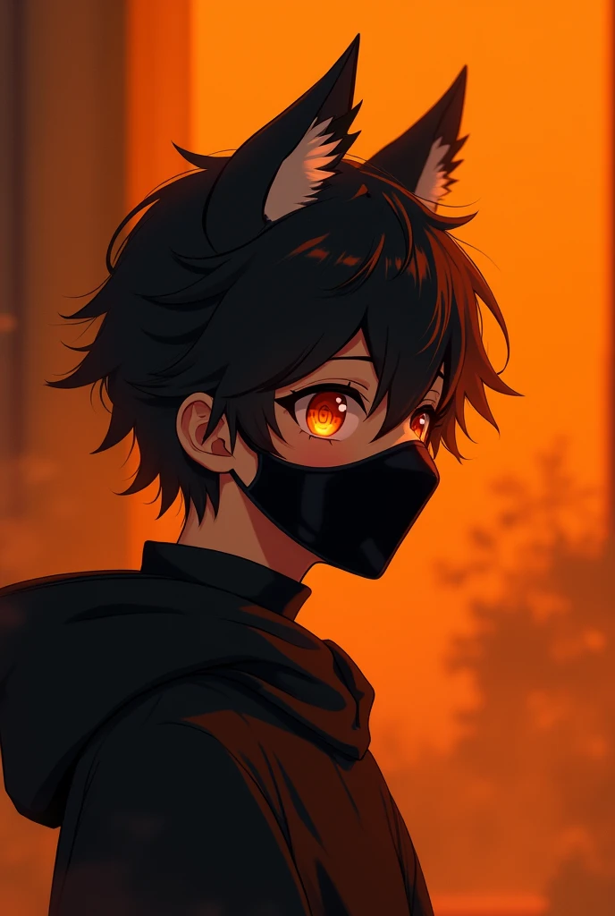 aesthetic wallpaper with orange and black colors featuring the character Tobi with soft lighting