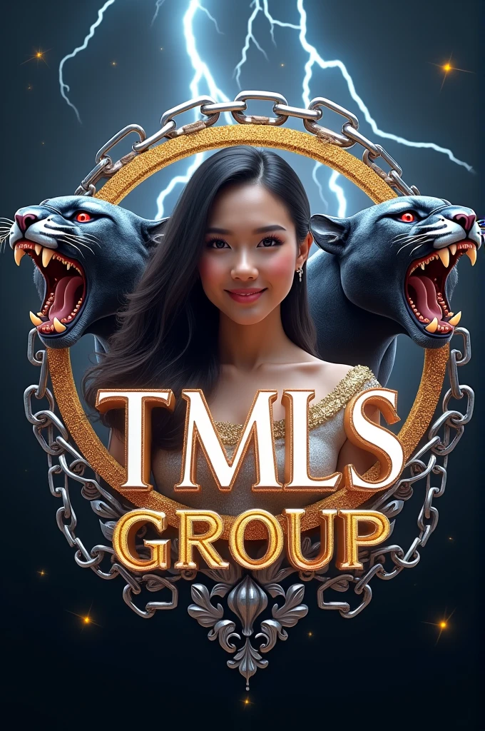 A create realistic image gold circle and chain logo, 3D embossed letters make sure correct spelling word name"TMLS GROUP"made of transparent clear crystal with an emage of a hyper realistic quality detailed of central in circle a beautiful FILIPINA women with a beautiful face and a soft smile wearing a Filipiniana gown with a big two panthers red eyes roaring with sorouded of big chains made of silver with a pointed crystal on the background with a lightning thunder clear and clean,64k high quality details,