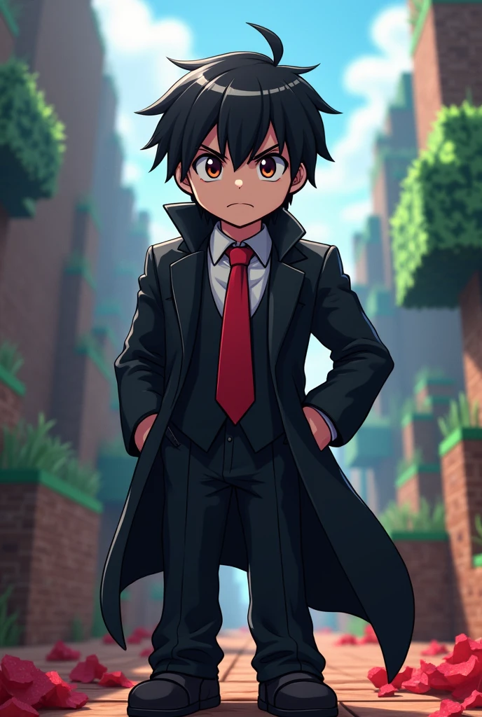 Minecraft anime character gaming logo wearing black coat pant and red tie Minecraft theme background