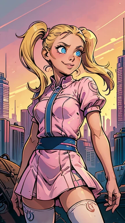 (1girl, deedee), (extremely detailed CG unit 8k wallpaper),(master part), (best quality), (ultra detail), (best illustration),(art adams style), cowboy shot, (Sharp eyeliner, ombre, detailed eyes:1), city, outdoors background, ,break , (Dan Mumford Background), upper body, (blonde hair, solo, white legwear, pink dress, twintails, blue eyes, short twintails, smile, standing,)