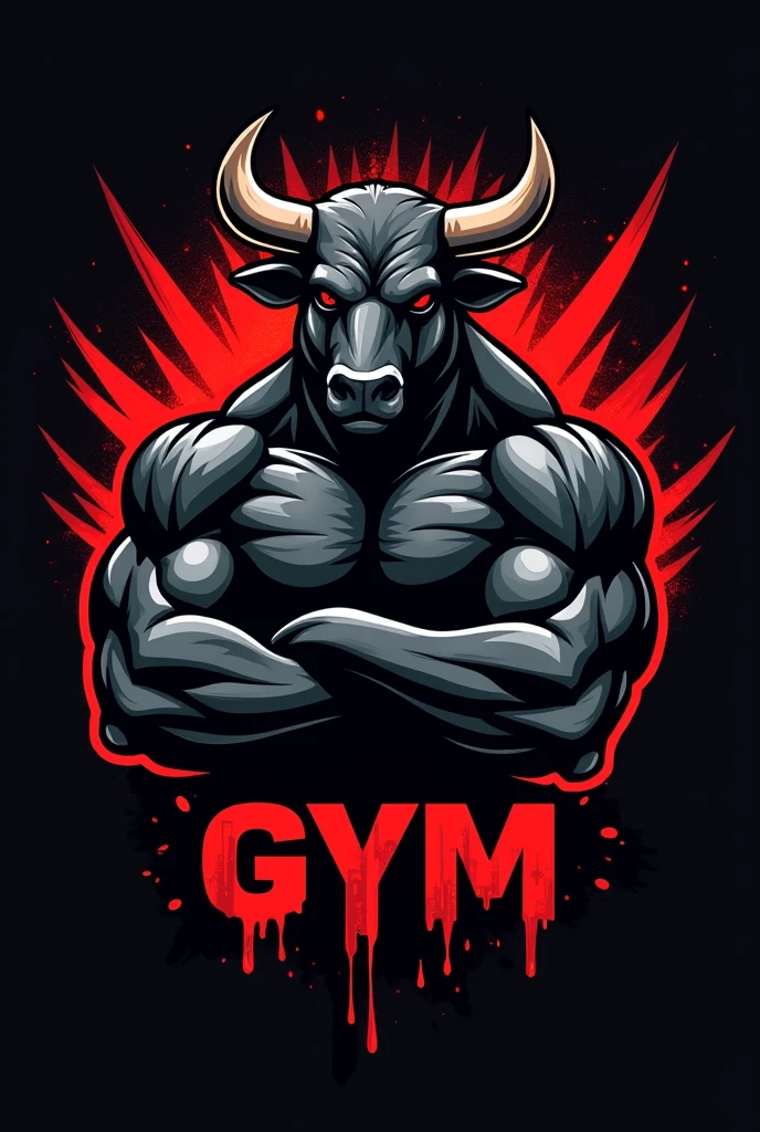 Design a powerful and dynamic logo for a gym brand featuring a strong, muscular bull as the central figure, symbolizing strength, power, and determination. The bull should have well-defined muscles, with a stance that conveys energy and dominance, embodying the essence of fitness and strength training. Use sharp, angular lines to emphasize the bull's muscular build and add a sense of intensity. Incorporate bold, dark tones like black, deep red, or metallic gray to create a fierce and commanding presence. The logo should include the word 'GYM' in a bold, modern font that complements the aggressive and energetic vibe of the design