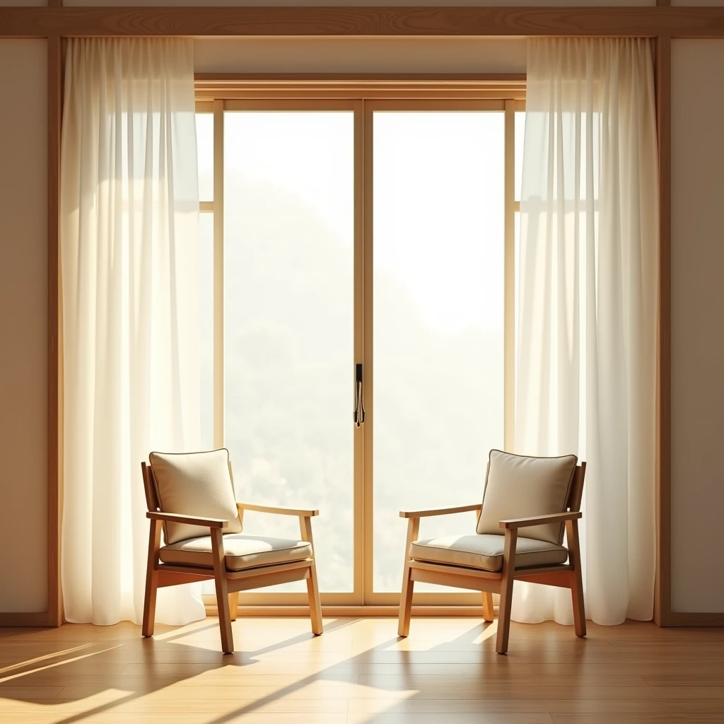 White translucent curtains，There are two wooden chairs in front of the French window facing the camera.，Wooden chair，A beige square cushion is placed on the chair，Natural light and shadow，Top view，High-end，Warm Japanese interior environment，Clean and tidy scene，Wood colored floor，Big scene ，Top view