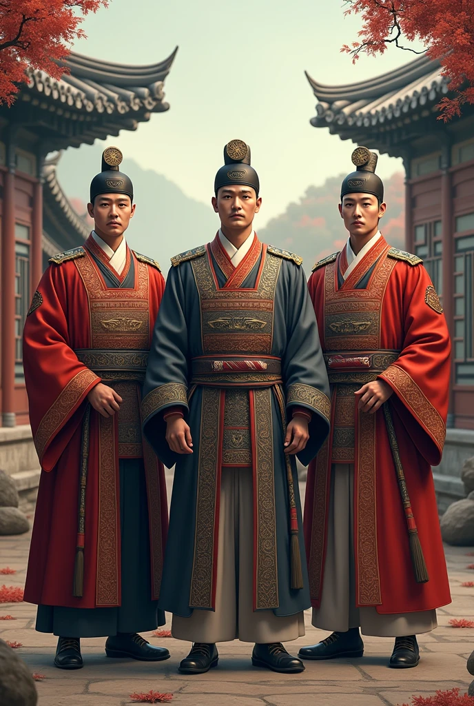 Three men wearing Joseon era uniforms 