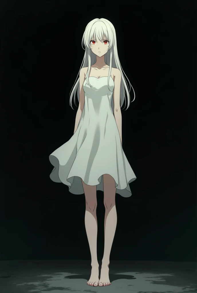 The image is in the style of a Ghibli studio anime., although somewhat gloomy and adult, It features a 20-year-old albino adult woman.. She is standing in front of a completely black wall, She has long hair and red eyes. She has a white dress that reaches her knees.. strong thighs. barefoot. 
