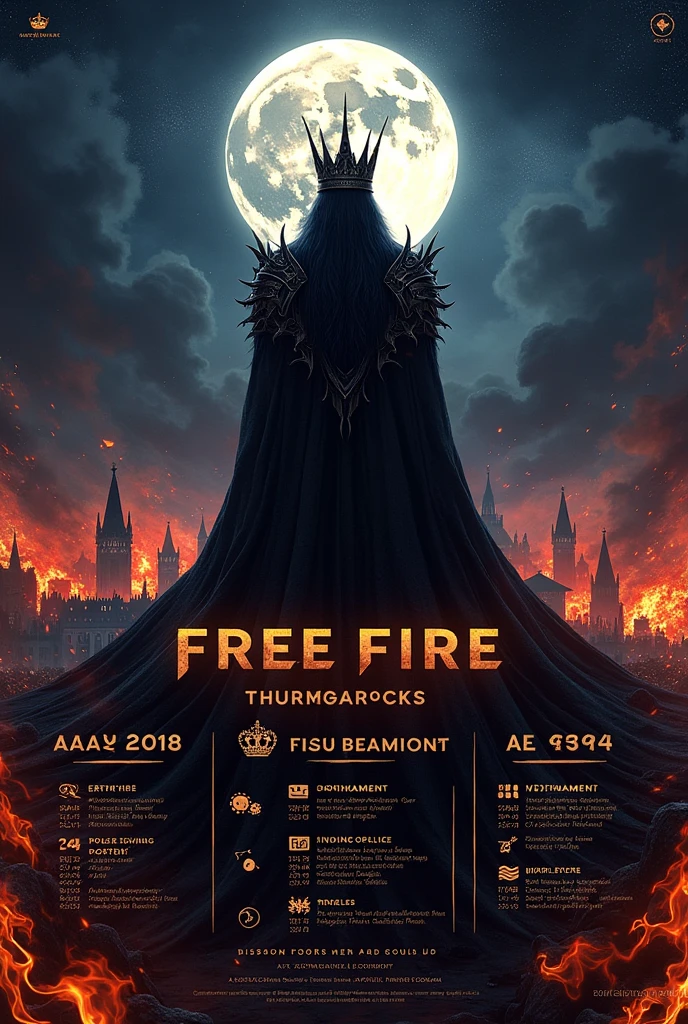 Nighttime Setting: Dark, starry night sky with a full moon.
King's Presence: A powerful, regal figure resembling a king, perhaps with a crown or armor, overseeing the battlefield.
Fire Elements: Flames or fiery accents around the edges to highlight the "Fire" aspect of Free Fire.
Text Elements:

Title: "Night King Free Fire Tournament"
Subtitle: "Battle for the Throne in the Dark!"
Details: Date, time, and registration info
Call to Action: "Join the Battle! Register Now!"
Design Tips:

Contrast: Use bright, fiery colors against dark backgrounds to make key elements pop.
Font: Bold and strong fonts for the title, with a more mysterious or elegant font for the subtitle.
Imagery: Incorporate elements like a crown or scepter intertwined with flames to reinforce the theme.

Add Tournament information 
Night King Free Fire Tournament

Date: [2024]
Venue: Online
Entry Information:

Entry Fee: ₹300 per team
Per Player Fee: ₹75
Registration: Call [Phone Number] or Email [bcbrikesh@gmail.com]
Online Payment: ₹9767431754
Tournament Format:

Games: 3 Battle Royale (BR) matches
Teams: Each team must consist of players from their own guild.
Minimum Players: Each team must have a minimum of 5 players. Backup players are allowed if needed.
Scoring System:

1 Kill: 2 Points
Win: 10 Points
Prizes:

1st Place: ₹1000
2nd Place: ₹600
Important Notes:

We are not responsible for any network issues or slow internet connections during the tournament.
No third-party apps or hacking tools allowed. Violation will result in disqualification.
Future Tournaments:

If this tournament is a success, we plan to organize more tournaments!
Follow Us:

YouTube: BR GAMING
Facebook: Night King
Contact for Queries: [9767431754 or bcbrikesh@gmail.com]

