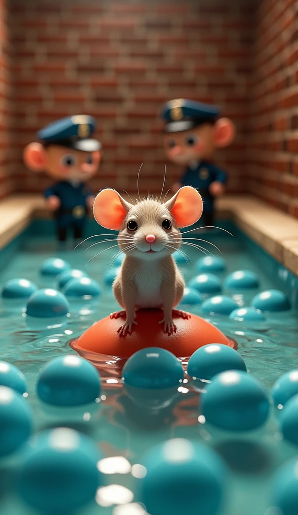 "A room with brick walls and inside the room is a swimming pool. The swimming pool is filled with small blue and red balls. On top of the balls, there is a mouse looking directly at me. In one corner of the swimming pool, there are two small cartoon-sized police officers wearing uniforms and caps, standing and looking realistic."