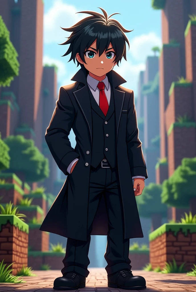 Minecraft anime character gaming logo wearing black coat pant and red tie Minecraft theme background