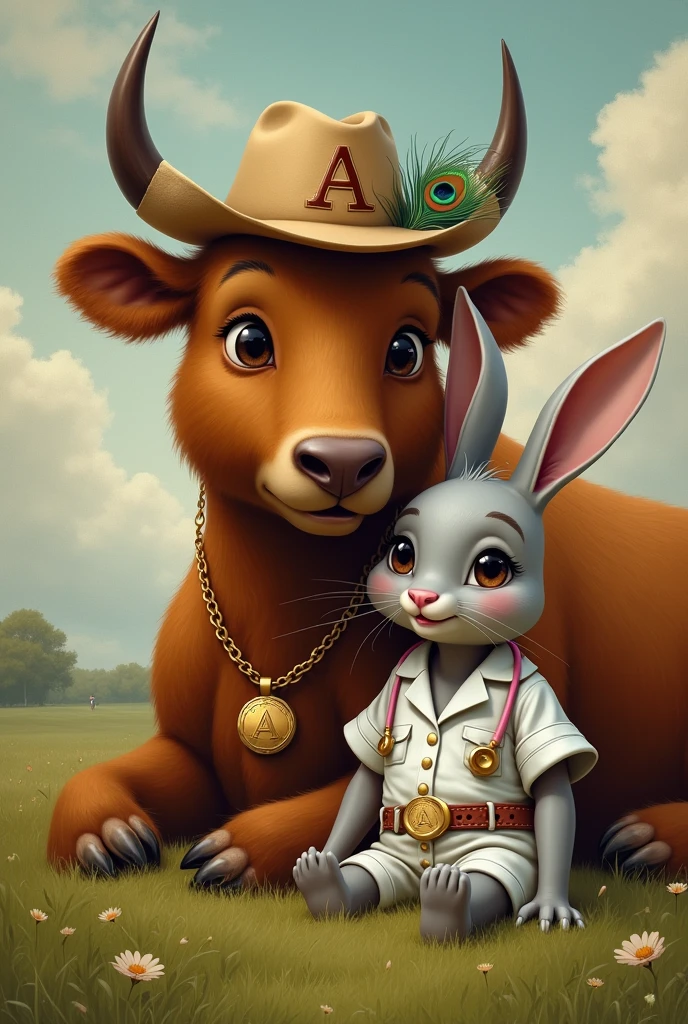 
BROWN TEENAGE BULL LYING DOWN WITH COWBOY HAT AND PEACOCK FEATHER, black eyes, IN A GRASSY LANDSCAPE, WITH GOLD NECKLACE WITH THE INITIAL AND PENDANT WITH THE INITIAL A , realist , warm colors, Lt. Greg Rutkowski, by Alphonse Mucha. 

Tall TEENAGE female rabbit, GREY COLOR stop WITH nurse suit white pants and white blouse, A pink stethoscope hung from her neck.., clear brown eyes, IN A GRASSY LANDSCAPE, Disney , warm colors, Lt. Greg Rutkowski, by Alphonse Mucha. Next to the rabbit is a brown bear with light eyes..., with cowboy clothes and hat. With a belt with the initial A.


