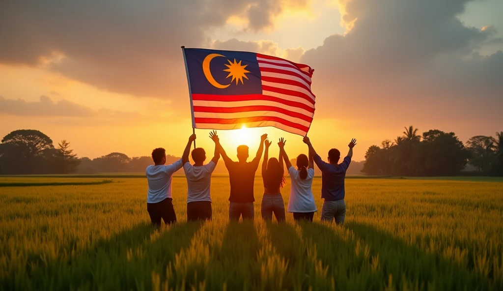 create a cinematic photo of a people and friends . is hoisting a Malaysian flag to celebrate independance day. Cinematic and warm morning, Surnrise sky. Green paddy field aspect ratio 16:9