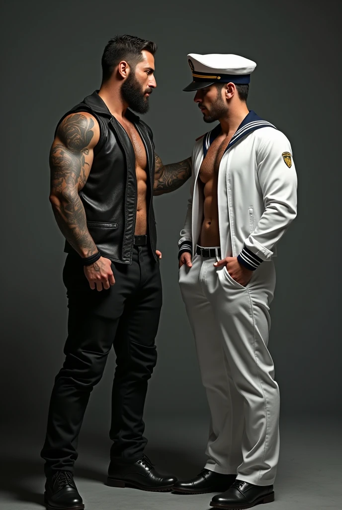 Two men! A mature man in leather and a naval soldier. Wearing a white sailor suit!,, gay art, Finnish style Tom, Finnish Tom, bearded sexy sailor suit triangle thongs, more details, background scattering 1.8 HD 8k real photos! Sex. Chest muscles! Chest hair! ((Monochrome)), ((grayscale)),tattoo. white hair Smoke, movie feeling! Movie lights! Award-winning poster Ambiguous and teasing
