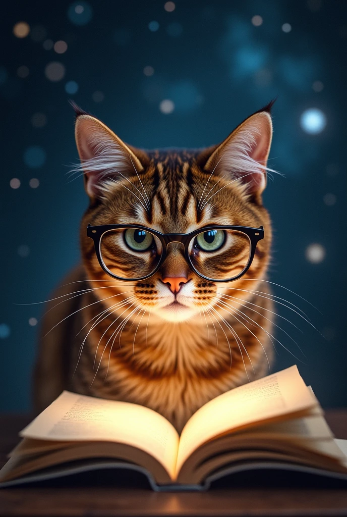 A brown cat is reading a book seriously,Wear glasses,宝箱にはHealingの公式が現れる,background,Night Sky、star々,backgroundに宝箱があります,Astronomical formulas appear、Healing、healing