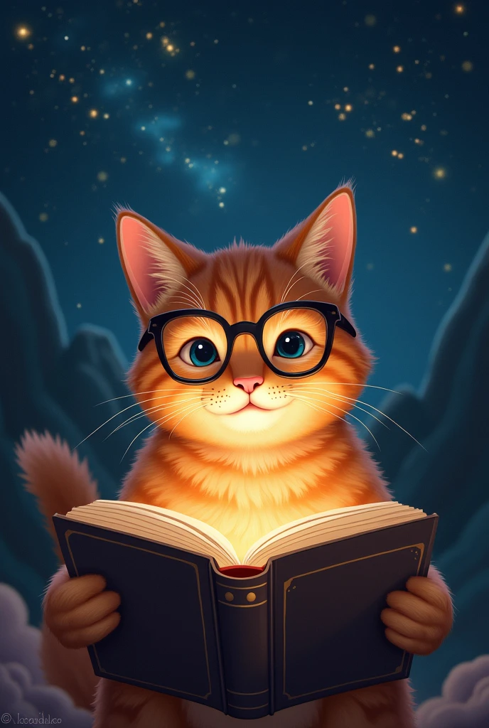 A brown cat is reading a book seriously,Wear glasses,宝箱にはHealingの公式が現れる,background,Night Sky、star々,backgroundに宝箱があります,Astronomical formulas appear、Healing、healing