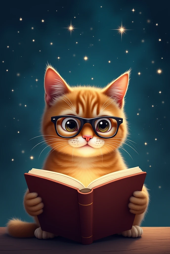 A brown cat is reading a book seriously,Wear glasses,宝箱にはHealingの公式が現れる,background,Night Sky、star々,backgroundに宝箱があります,Astronomical formulas appear、Healing、healing