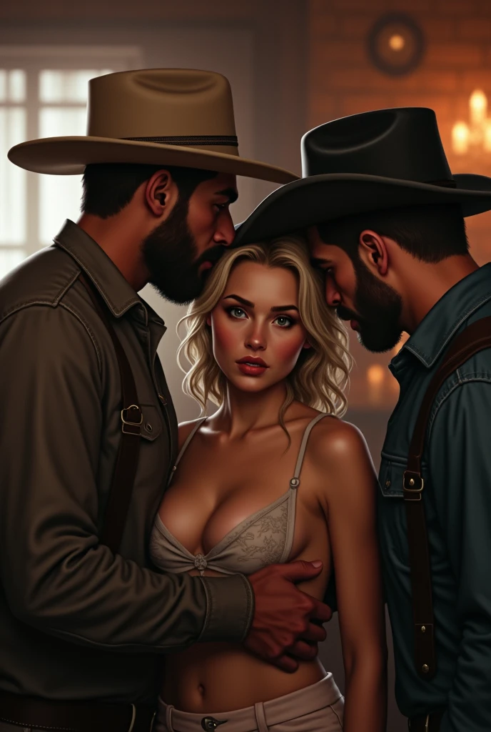 Young handsome cute white skin soft skinny beautiful in a cowboy bar two men approach her, one speaks in her ear and the other touches her ass