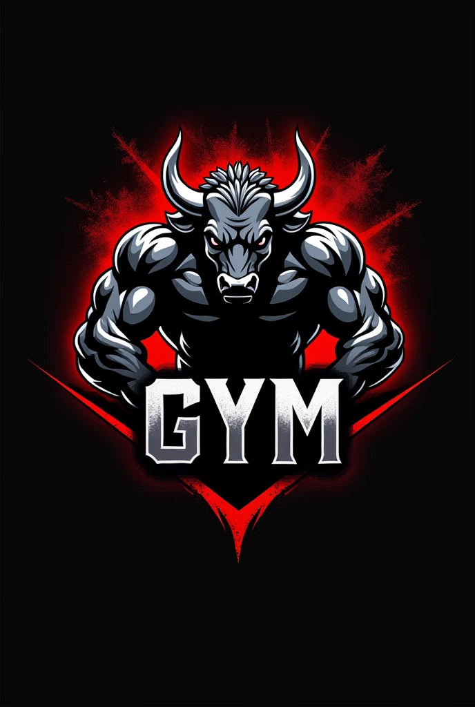 Design a powerful and dynamic logo for a gym brand featuring a strong, muscular bull as the central figure, symbolizing strength, power, and determination. The bull should have well-defined muscles, with a stance that conveys energy and dominance, embodying the essence of fitness and strength training. Use sharp, angular lines to emphasize the bull's muscular build and add a sense of intensity. Incorporate bold, dark tones like black, deep red, or metallic gray to create a fierce and commanding presence. The logo should include the word 'GYM' in a bold, modern font that complements the aggressive and energetic vibe of the design