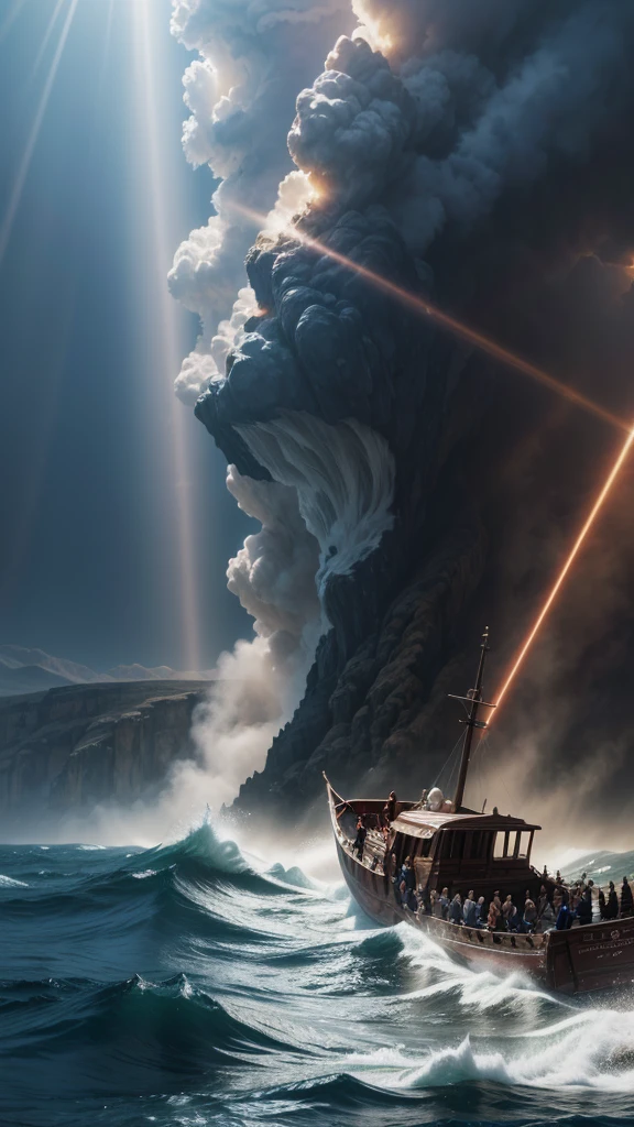 cinematic masterful dramatic scene of Moses parting the Red Sea with his staff, highly detailed, 4k, cinematic lighting, volumetric rays of light, epic scale, photorealistic, dramatic sky, roaring waves, biblical, ancient, moses in flowing robe, divine light, dramatic pose
