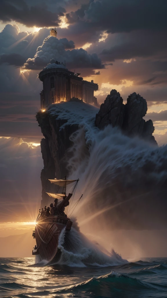 cinematic masterful dramatic scene of Moses parting the Red Sea with his staff, highly detailed, 4k, cinematic lighting, volumetric rays of light, epic scale, photorealistic, dramatic sky, roaring waves, biblical, ancient, moses in flowing robe, divine light, dramatic pose