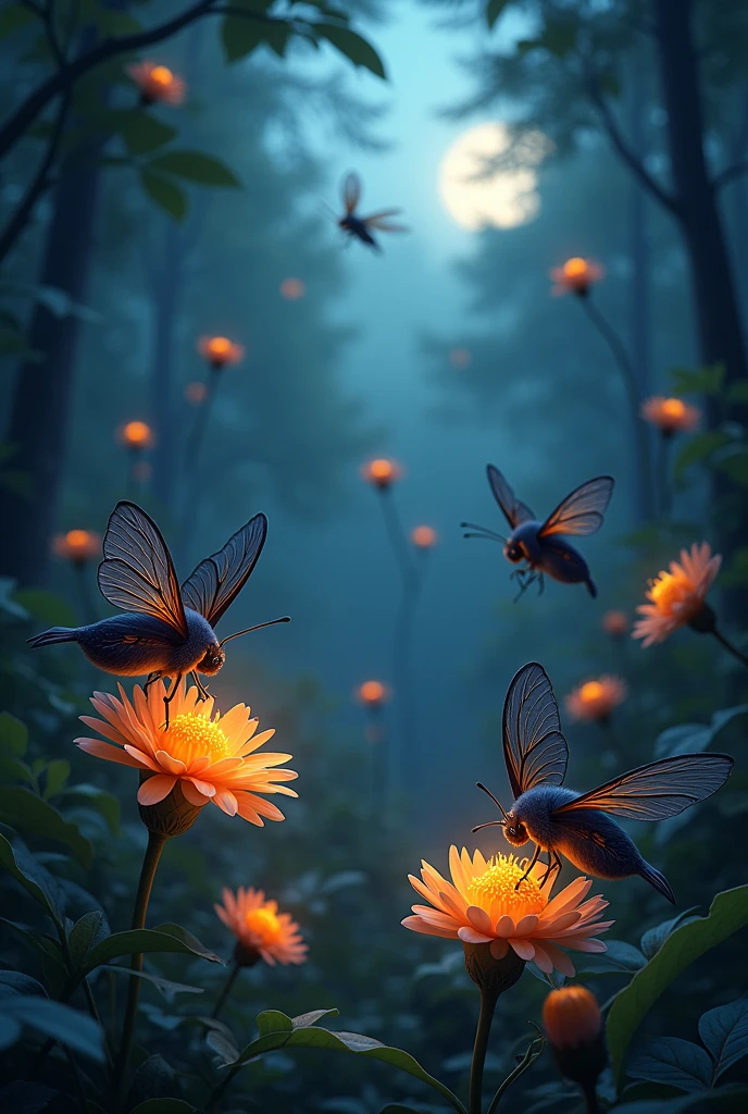 Nocturnal moths pollinating in a forest