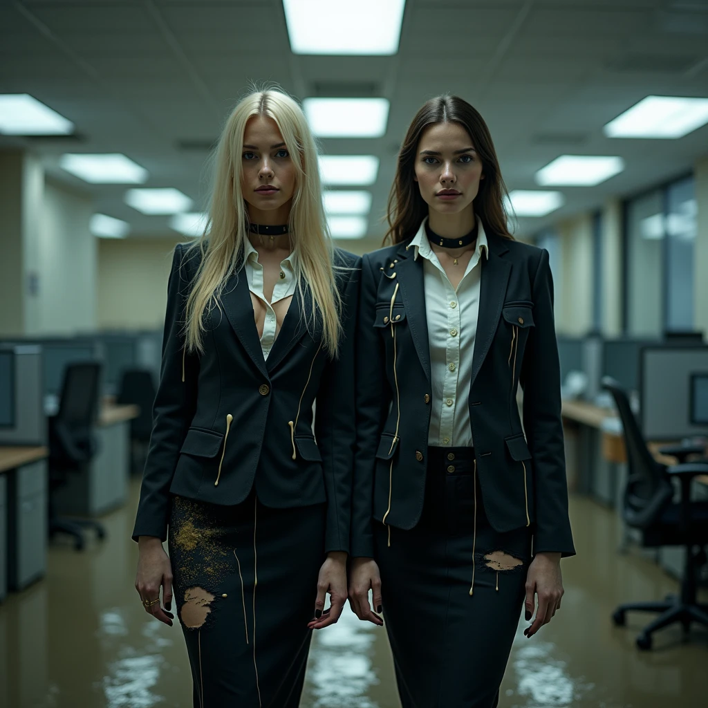 A dramatic photograph taken in an office setting features two different slender business ladies, each with a model appearance, blonde and brunette stand in flirty poses on the muddy floor. Their very long, straight hair is disheveled, stained in liquid mud, cascades over their shoulders as they look directly at the viewer. They are dressed in dark elegant business skirt suits made from cotton and wool fabric, including long business pencil skirts, torn and ripped jackets, vests, torn white button-up shirts. The jackets, vests, and skirts are soiled with a thick, white and transparent, viscous liquid that drips down their clothing, creating a striking contrast against the cotton fabric. The liquid covers their clothing, leaving visible stains and streaks. They wear black chokers around their necks, adding to the eerie and unsettling atmosphere. Their smear dirt on own clothes. The background shows a typical office environment with rows of fluorescent lights arranged in a grid pattern on the ceiling, casting a cool, dim light throughout the scene. The lighting is artificial and evenly distributed, highlighting the subjects' faces and upper bodies while creating soft shadows. The overall mood is dark, intense, and eerie, emphasized by the low-key lighting and the contrast between the clean, organized office space and the disheveled appearance of the women. The cool color palette and high contrast between the subjects and their surroundings contribute to the dramatic atmosphere, creating a sense of tension and foreboding in this surreal, otherworldly setting.