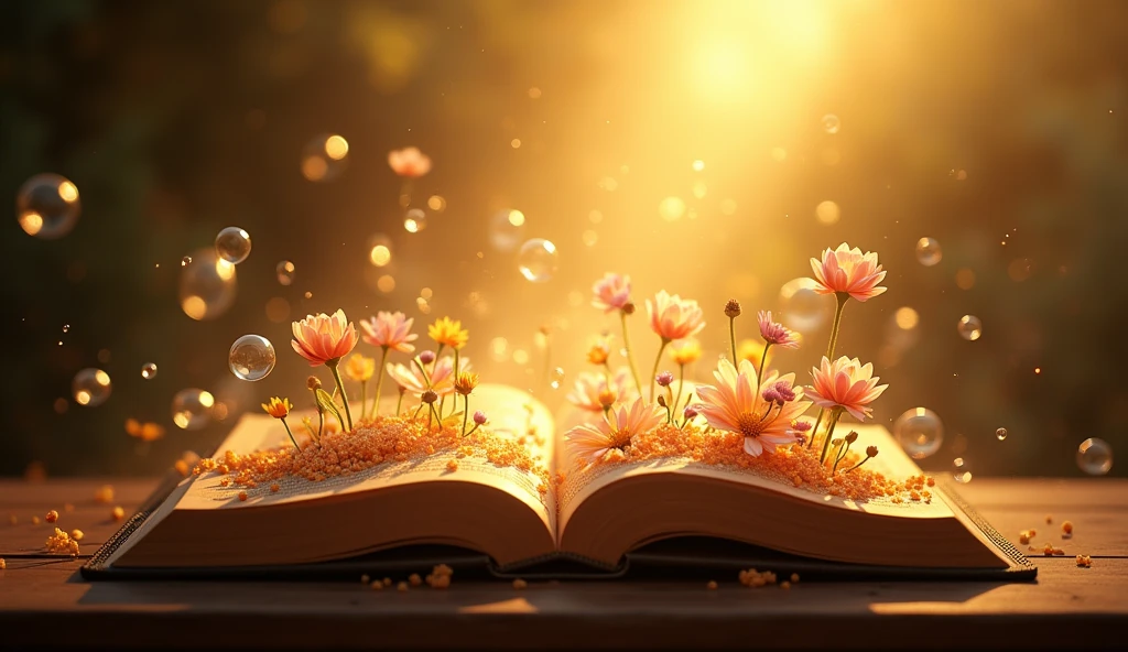 "開かれたThe Bible表面に置かれている詳細な画像を作成する, Golden light radiates from the pages. The light softly illuminates the surroundings., and delicate Flowers of various colors should appear to be growing out of the Bible, Intertwined with light. Fantastic bubbles gently fly around, Add life and movement to your scene. The background should be subtle, The Bible, Flowers, Make the bubbles the main focus of the image."