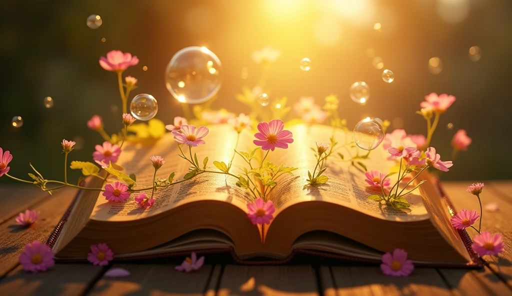 "開かれたThe Bible表面に置かれている詳細な画像を作成する, Golden light radiates from the pages. The light softly illuminates the surroundings., and delicate Flowers of various colors should appear to be growing out of the Bible, Intertwined with light. Fantastic bubbles gently fly around, Add life and movement to your scene. The background should be subtle, The Bible, Flowers, Make the bubbles the main focus of the image."
