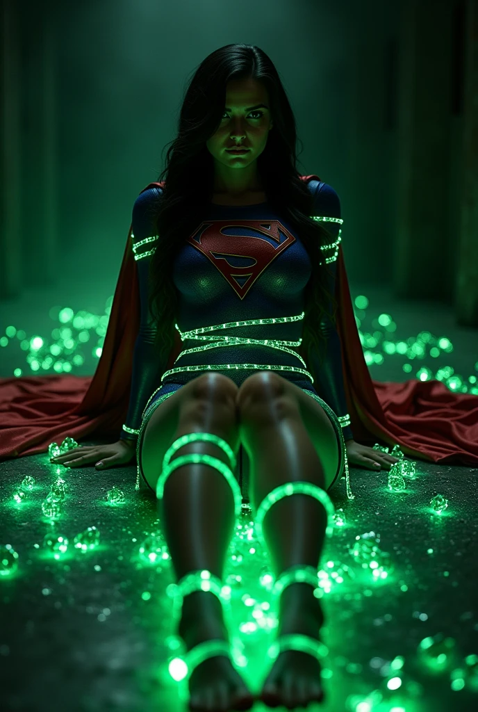 A BONDAGE SCENE WHERE A HOT SUPERGIRL WITH LONG BLACK HAIR WEARING HER ICONIC SUPERGIRL OUTFIT AND CAPE, HER HANDS, FEET AND WASTE TIED UP WITH GLOWING GREEN KRYPTONITE ROPE LAYING HELPLESSLY ON THE FLOOR COVERD IN KRYPTONITE SHARDS, IN A PITCH BLACK ROOM. INCREDIBLE DETAILS, HYPER DETAILED IN 8K RESOLUTION