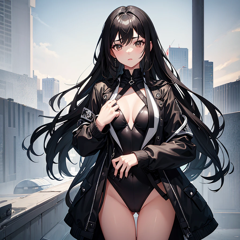 A beautiful 15 year old girl with black hair, Brown eyes, black painted nails, black and white suit, In underwear