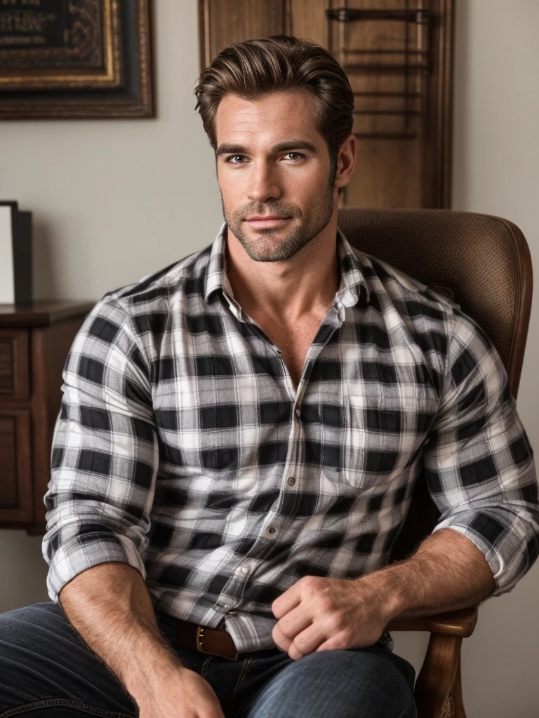 hair, portrait of a ruggedly handsome paladin, muscular, half body, masculine, mature, Retrato de un joven, Muscular very handsome and attractive spanis men, A 40 years old male, Retrato de un joven, Muscular, real, office white outfit, sit in a chair, plaid black shirt